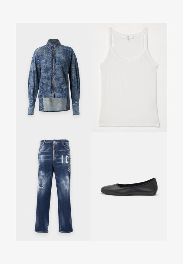 Blue patterned denim shirt featuring long sleeves, a button-up front, and a slightly longer back hem. Textured fabric with floral designs.; White sleeveless tank top made of soft, ribbed fabric; features thin straps and a round neckline, tag reads "FRAME."; Dark blue denim jeans with distressed patches, light paint splatters, and bold white lettering. Straight leg design with a classic fit.; Black leather ballet flat with a rounded toe, smooth texture, minimal stitching detail, and a flexible sole design.