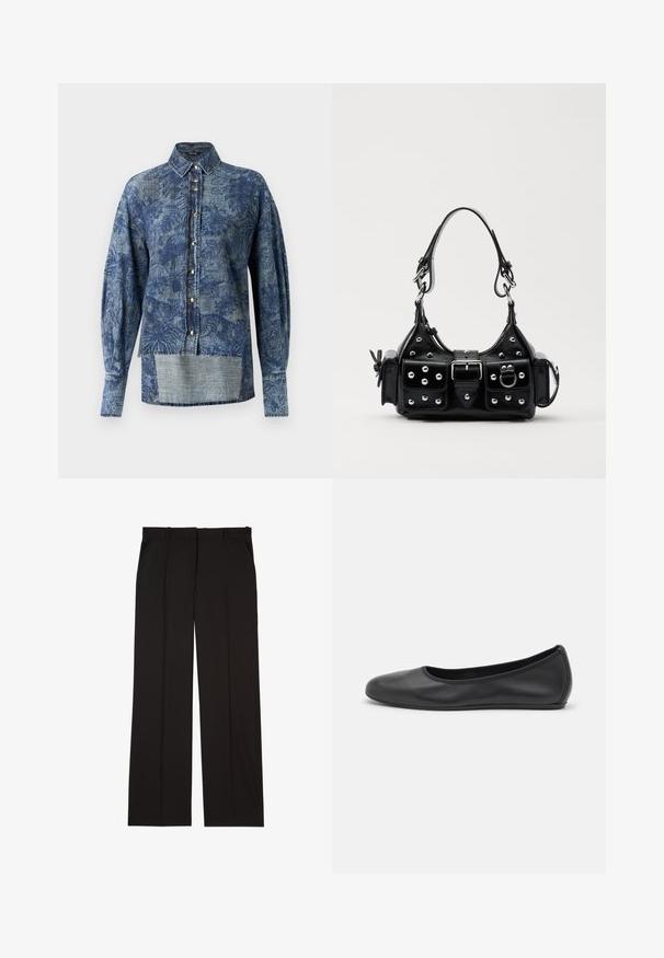 Blue patterned denim shirt featuring long sleeves, a button-up front, and a slightly longer back hem. Textured fabric with floral designs.; Black tailored trousers made of a smooth fabric, featuring a straight-leg design, and two side pockets. Elegant and minimalistic construction.; Black leather ballet flat with a rounded toe, smooth texture, minimal stitching detail, and a flexible sole design.; Black leather handbag with a curved design, featuring silver studs, a buckle, and two side pockets. Adjustable strap for carrying options.