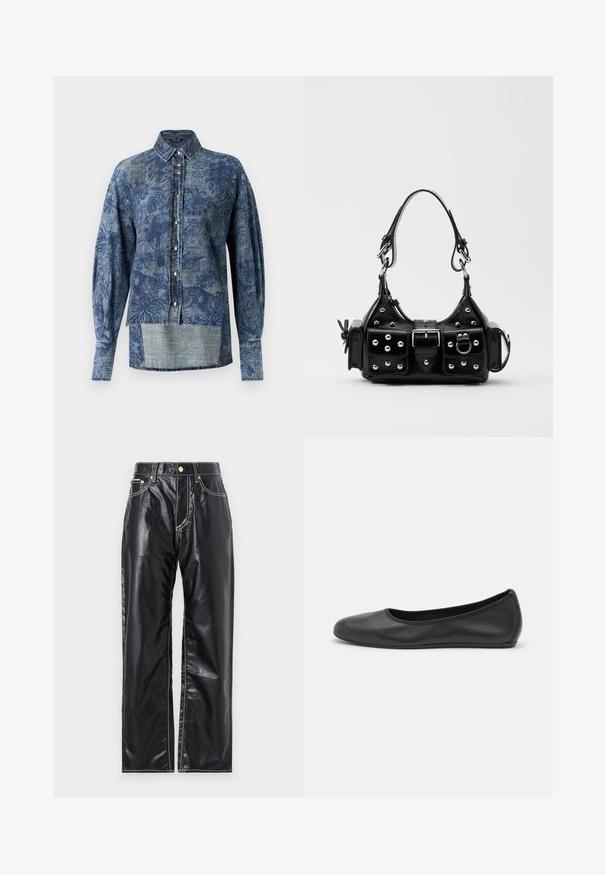 Blå mönstrad denimskjorta med långa ärmar, knäppning framtill och en något längre bakfålla. Texturerat tyg med blommönster.; Svarta byxor i konstläder med vid benslut, dekorativ vit sömnad, framfickor och en guldknapp i midjan.; Svart läderballerinaskor med rund tå, slät yta, minimala söm detaljer och en flexibel sula.; Svart läderhandväska med en kurvad design, prydd med silverfärgade nitar, ett spänne och två sidofickor. Justerbar rem för olika bäralternativ.