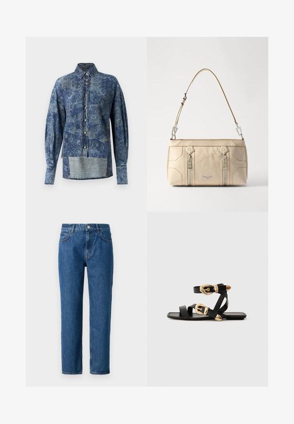 Blau gemusterte Jeanshemd mit langen Ärmeln, einer durchgehenden Knopfleiste und einem etwas längeren hinteren Saum. Strukturierter Stoff mit floralem Design.; Blaue Jeans aus Denim mit geradem Bein, ausgestattet mit einem Knopfverschluss, Gürtelschlaufen und Vordertaschen. Hergestellt aus strukturiertem Baumwollstoff.; Schwarze Ledersandalen mit goldenen Schnallenakzenten, die mehrere Riemen und ein flaches Sohlendesign für das Tragen mit offenen Zehen bieten.; Beige Lederhandtasche mit silbernen Beschlägen, zwei seitlichen Reißverschlüssen, strukturiertem Design und einem abnehmbaren Trageriemen für Vielseitigkeit.