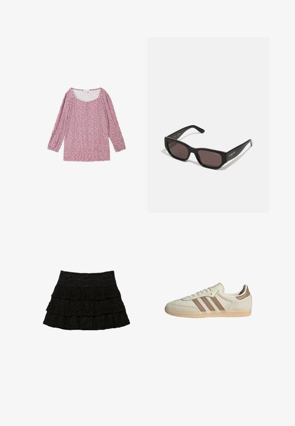 TOM TAILOR 3/4 ARM IN OPTIK - Bluse - organic berry dot design; Schwarzer, gestufter Rock mit drei Lagen Rüschen und einem strukturierten Blumenmuster. Elastischer Bund für Komfort und Passform.; Sneaker mit einem atmungsaktiven Obermaterial aus cremefarbenem Mesh, braunen Lederakzenten und drei charakteristischen Streifen. Leichte Gummisohle mit strukturiertem Muster.; Schwarze rechteckige Sonnenbrille mit dunklen Gläsern. Verfügt über ein glattes Kunststoffgestell und ein Logo-Detail an den Bügeln. Sauberes, modernes Design.; Michael Kors Clutch in beige beschichtetem Canvas mit einem wiederholten MK-Logo-Muster, goldfarbener hardware und einem abnehmbaren Kettenriemen.