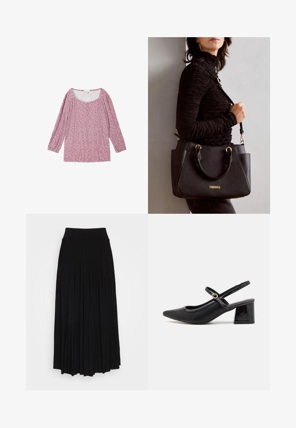 TOM TAILOR 3/4 ARM IN OPTIK - Bluse - organic berry dot design; Schwarzer plissierter Rock mit breitem, dehnbarem Bund. Gefertigt aus weichem Stoff, mit vertikalen Falten für eine fließende Silhouette.; Schwarze Lackleder-Slingback-Absätze mit spitzer Zehenform, einem runden Ausschnitt-Design und einem Blockabsatz. Mit einem goldfarbenen Schnallenakzent.; Schwarze Handtasche mit strukturierten Oberflächen, doppelten Obergriffen und verstellbarem Schultergurt. Mit goldfarbener Hardware und Seitentaschen.