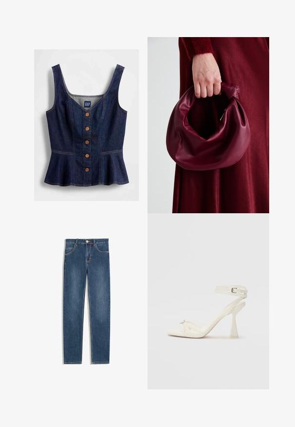 Granatowy top typu peplum z denimu, z dekoltem w serek, zapinany z przodu na pięć brązowych guzików, z dopasowanym gorsetem.; Ciemnoniebieskie dżinsy o prostym kroju, pięć kieszeni, subtelne detale w szwach oraz metalowy guzik w talii.; Białe skórzane sandały na wysokim obcasie z paskami, o smukłym wyglądzie, z przezroczystym słupkiem i ozdobnym elementem na palcach.; Bordowa skórzana torebka o miękkim, marszczonym wyglądzie i zaokrąglonym kształcie. Uchwyt jest zabezpieczony, co podkreśla gładką fakturę.