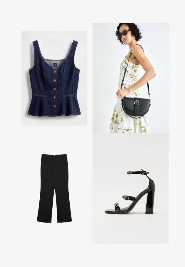 Tummansininen farkkukangas-peplumtunika, jossa on pyöreä pääntie, viisi ruskeaa nappia edessä ja vartaloa myötäilevä leikkaus.; Mustat housut suoralinjaisella leikkauksella, joissa on etutaskut ja sivurei'ät helman alla. Valmistettu pehmeästä ja sileästä kankaasta. Sopii eri tilaisuuksiin.; Musta kiiltävä korkokenkä sandaalit neliönmuotoisella varpaalla, nilkkaremmillä ja hopeisilla soljilla. Varustettu tukevalla lohkokorkealla vakauden takaamiseksi.; Musta nahkainen käsilaukku, joka on kaareva muotoilultaan, irrotettavalla hihnalla ja kultaisilla yksityiskohdilla. Laukussa on läppä, jossa on solk yksityiskohta.