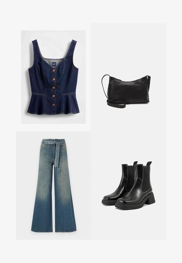 Bluză din denim cu peplum, într-un albastru închis, având un decolteu rotund, închidere cu cinci nasturi maronii în față și corsaj strâmt.; Pantaloni din denim largi, cu un gradient de la albastru deschis la albastru închis, talie înaltă, bucle pentru curea și o curea din același material. Finisaj texturat din denim.; Botine Chelsea din piele neagră, cu toc masiv, panouri laterale elastice și cusături albe contrastante. Finisaj texturat.; Geantă de umăr din piele neagră, cu o textură netedă, formă curbată, curea ajustabilă și închidere cu fermoar. Design minimalist, fără embellishments.