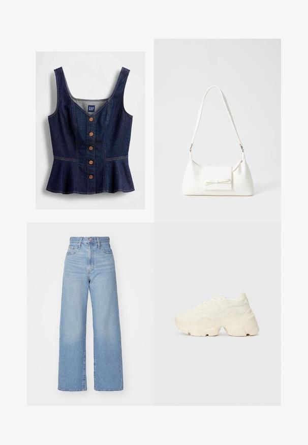 Bluză din denim cu peplum, într-un albastru închis, având un decolteu rotund, închidere cu cinci nasturi maronii în față și corsaj strâmt.; Jeans cu talie înaltă, de culoare albastru deschis, cu croială largă, dotate cu nasture și fermoar la față, buzunare în față și spate, pe un fundal alb.; Tenisi albi voluminoși, fabricați din plasă texturată și materiale sintetice, cu o talpă groasă și detalii de model intricate pe laturi.; Geantă sintetică albă, cu formă triangulară, capac frontal plat și detaliu cu fundă, curea ajustabilă, textură netedă și design minimalist.