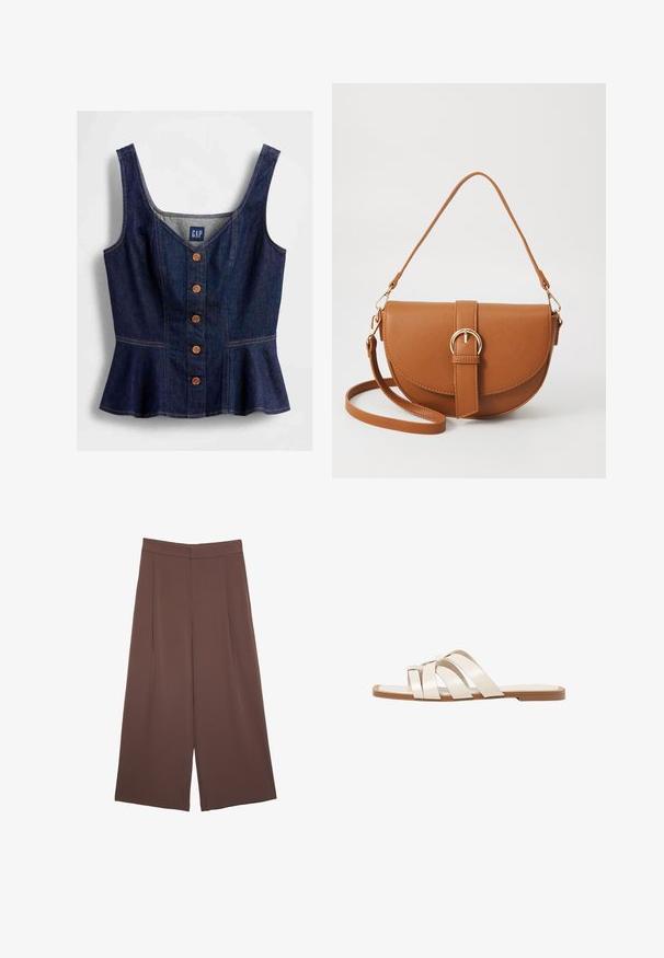 Tummansininen farkkukangas-peplumtunika, jossa on pyöreä pääntie, viisi ruskeaa nappia edessä ja vartaloa myötäilevä leikkaus.; Ruskeat leveälahkeiset housut, joissa on sileä pinta, korkea vyötärö ja etupleat. Kangas on kevyttä ja laskeutuu väljänä.; Tason vaaleanruskealla kumipohjalla, jossa on kolme päällekkäistä valkoista nahkaremmiä ja pieni satiininen rusetti keskellä.; Ruskean nahkainen olkalaukku, jossa on kaareva muoto, kultaiset yksityiskohdat ja solkiyksityiskohta. Varustettu irrotettavalla olkahihnalla.