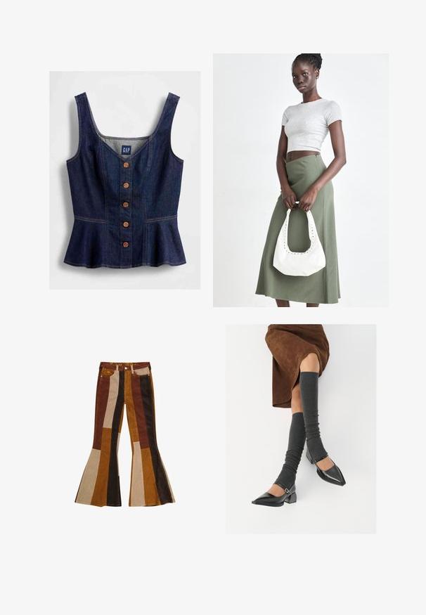 Denimtop med peplum i mörkblått, med rund halsringning, knappslag framtill med fem bruna knappar och figursydd livdel.; Vida manchesterbyxor med randigt mönster i nyanser av brunt, beige och guld, med fickor och färgad midjeband.; Svarta lackläderskor med spetsig tå, blockklack och ankelrem, i kombination med grå ribbade benvärmare och en brun mockakjol.; Grå ribbad crop top och olivgrön högmidjad kjol. Modellen håller en vit axelremsväska med utskärningar. Enkelt design, tight passform.