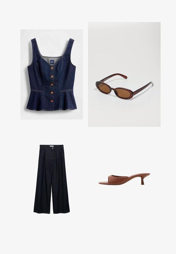 Denim zgornji del s peplumom v temno modri barvi, ima okrogel izrez, spredaj pet rjavih gumbov in oprijet kroj.; Temno jeans hlače širšega kroja z visokim pasom, ki imajo sprednje zapiranje na gumb, dve stranski žepu in detajle v šivanju.; Rjave odprte sandalje s peto z gladko, mat površino, ki imajo ukrivljen dizajn in prozorno, zoženo peto.; Okrogle, rjavo obarvane sončne naočare z sijočim burgundskim okvirjem. Tanek nosilec s subtilnim logotipom. Oblika leč je ravna.; Rjava usnjena torba z dvema ročajema, okroglo obliko, zlatim okovjem in osrednjim detajlom z zaponko. Gladka tekstura z izvezenimi detajli.