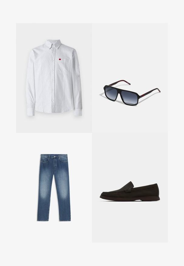 Camisa de botão em cinza claro com riscas verticais brancas, apresentando um bolso no peito e um pequeno emblema vermelho no lado esquerdo.; Calças de ganga com padrão risca de giz, na cor azul média, com zonas desbotadas, corte reto, cinco bolsos e fecho de botão metálico.; Mocassins em camurça castanho-escuro, slip-on, com bico cosido, sola de borracha de perfil baixo e detalhes texturizados na parte superior.; Óculos de sol retangulares pretos com lentes cinzentas degradê. Apresentam detalhes em vermelho nas hastes e uma armação de plástico suave.