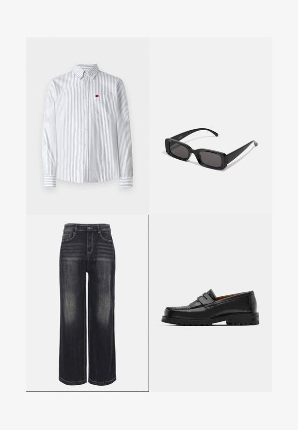 Cămașă cu nasturi în dungi verticale gri deschis și alb, având un buzunar pe piept și un mic logo roșu pe partea stângă.; Jeans largi din denim negru decolorat, cu cusături vizibile, cinci buzunare și închidere cu nasture la talie.; Mocasinii din piele neagră au o cusătură ridicată, două bare decorative pe partea superioară și o talpă groasă texturată pentru o aderență suplimentară.; Ochelari de soare negri, cu ramă rectangulară, lentile întunecate, finisaj lucios, brațe late și un design masiv. Numele mărcii gravat pe una dintre brațe.