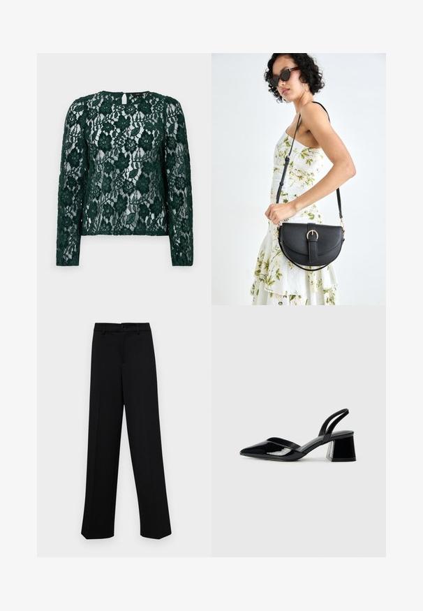 Grünspitzenoberteil mit langen Ärmeln, floralen Mustern und einem Schlüsselloch-Rückendetail. Das Material ist durchsichtig und besitzt komplexe Texturen und Verzierungen.; Schwarze, weit geschnittene Hosen aus glattem Stoff, mit einem klassischen Taillenbund und einem Knopfverschluss sowie vorderen Falten.; Schwarze Lackleder-Slingback-High Heels mit spitzem Schuh und einem geometrischen Blockabsatz. Verfügt über ein schlankes, minimalistisches Design und eine glatte Textur.; Schwarze Lederhandtasche mit geschwungener Form, abnehmbarem Tragegurt und goldenen Beschlägen. Die Tasche verfügt über einen Deckel mit einer Schnallen-Details.