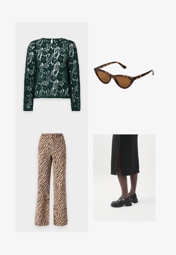 Žalia nėriniuota palaidinė su ilgomis rankovėmis, gėlių raštais ir rakto skylutės akcentu gale. Medžiaga yra permatoma, pasižyminti sudėtingomis tekstūromis ir puošmenomis.; Platų kojos kelnės su tigro dryžių raštu rudos ir juodos spalvų atspalviuose, turinčios standartinį juosmenį ir penkių kišenių dizainą.; Juodos odinės bateliai su apvaliu nosiu, stora blokine pakulne ir elastingais šonais, derinami su tamsiomis pėdkelnėmis ir juoda sijonu su plyšiu.; Katės akies saulės akiniai su juodu ir oranžiniu šarvuotu rėmeliu, ruda objektyvu ir elegantiškais, smailiais galiukais. Rėmelyje yra minimalus logotipas ant šventės.