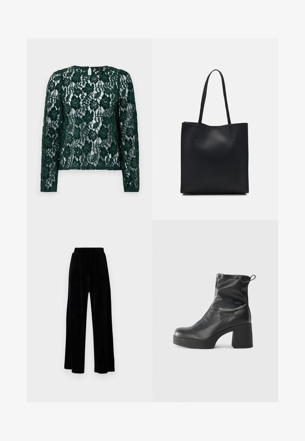 Grønn blonde topp med lange ermer, blomsterdesign og detalj med nøkkelhull bak. Materialet er gjennomsiktig og har intrikate teksturer og dekorasjoner.; Sorte vide bukser laget av myk vernet, med elastisk midjebånd og en jevn tekstur, uten synlige detaljer eller mønstre.; Svarte ankelstøvler laget av glatt lær, med glidelås på siden, chunky strukturert hæl, og rund tå-design.; Svart lær tote bag med glatt tekstur, rektangulær form og to lange håndtak. Ingen synlige deler eller dekorasjoner.