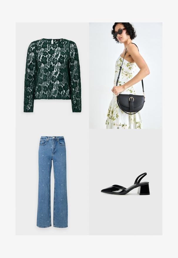 Top verde rendado com mangas longas, padrões florais e detalhe em forma de olho-de-feixa nas costas. O material é transparente, apresentando texturas intrincadas e adornos.; Jeans azuis de cintura alta e perna reta com pequenas bordaduras de flores brancas espalhadas pelo tecido.; Sandy em verniz preto com salto slingback, ponta afilada e salto geométrico. Apresenta um design elegante e minimalista com textura suave.; Bolsa de couro preta com forma curva, alça destacável e detalhes em dourado. A bolsa possui uma aba com detalhe de fivela.