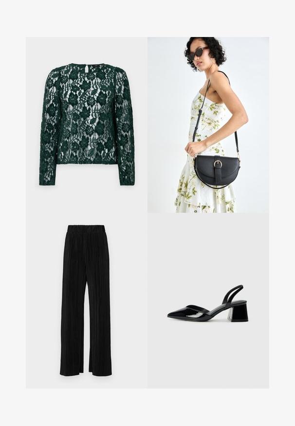 Zeleni čipkast top z dolgimi rokavi, cvetlični vzorci in detajl z režo na hrbtu. Material je prosojen in vsebuje zapletene teksture ter okraske.; Črne plisirane hlače z elastičnim pasom. Imajo široke noge in gladko, teksturirano tkanino z navpičnimi črtami.; Črne lakirane slingback pete s koničastim nosom in geometrijsko blokasto peto. Imajo eleganten, minimalističen dizajn in gladko teksturo.; Črna usnjena torbica s ukrivljeno obliko, z odstranljivo naramnico in zlatimi dodatki. Torbica ima pokrov s podrobnostmi v obliki zaponke.
