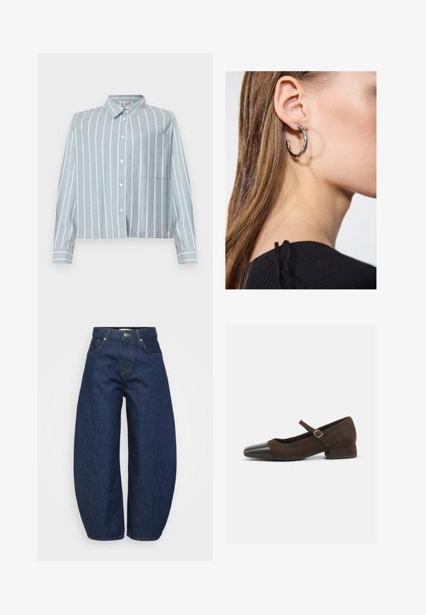 Ljust blå kortärmad skjorta med vita vertikala ränder, knappstängning fram, krage och ficka på vänster bröst. Tillverkad av ett mjukt, texturerat tyg.; Högmidjade mörkblå denimjeans med vida ben, framknapp och dragkedjestängning samt klassisk femficksdesign.; Brun mockaskinn Mary Jane-sko med en tåhätta i svart lackläder, justerbart band och en låg blockklack. Slät yta med minimala detaljer.; Silverörhänge med polerad yta, med små detaljer i guld och rund form, bärs på loben.