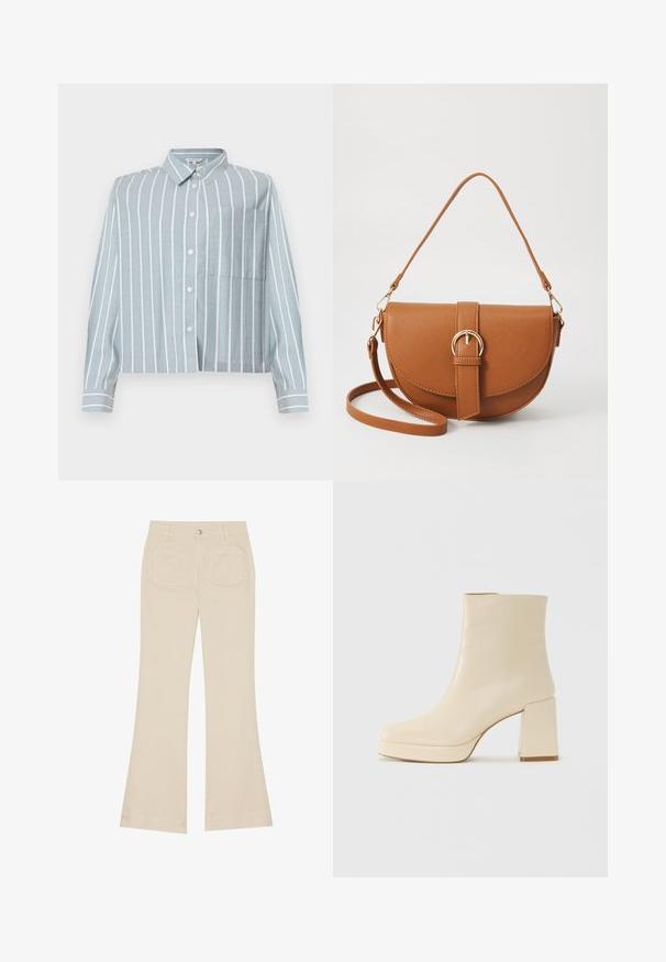 Lyseblå kortermet skjorte med hvite vertikale striper, knappelukking foran, krage og en lomme på venstre bryst. Laget av et mykt, teksturert stoff.; Beige bukse med vide ben og høy midje, laget av bomullsstoff. Har front- og baklommer, beltehemper og en enkel sølvknapp.; Beige lærankelstøvlett med blokkhæl og plattformsåle, glatt overflate og lett firkantet tå, vendt mot venstre på hvit bakgrunn.; Brun lærcrossbody-veske med en buet form, gullhardware og et spenneakcent. Har en avtakbar skulderreim.