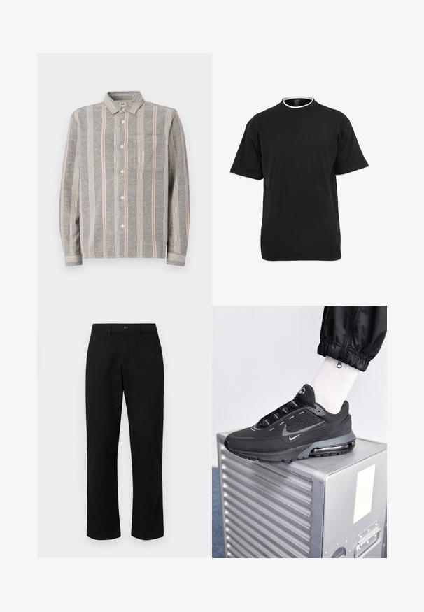 Szara, długosleeve'u koszula z guzikami w pionowe paski w jasnoszarym i różowym kolorze. Posiada kieszeń na piersi oraz miękką teksturę.; Czarna bawełniana koszulka z krótkimi rękawami, okrągłym dekoltem i kontrastowym białym wykończeniem wzdłuż kołnierza i krawędzi rękawów.; GAP - Chinosy; Nike Sportswear PULSE czarny