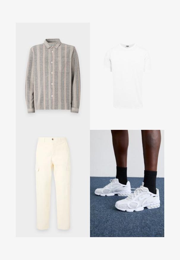 Halli pikade varrukatega narmastega heledast hallist ja roosast särgist. Omab rinna taskut ja pehmet tekstuuri.; Valge puuvillane T-särk, lühikesed varrukad, ümar kaelus, sirge lõige, pehme tekstuur, lihtne disain, ilma graafika või mustriteta.; Heledad kollane cargo püksid, mis on valmistatud puuvillast, küljetaskutega ja sirge lõikega, nupu kinnitusega vööl.; Valged spordijalatsid, millel on võrkmaterjalist pealne, tekstuuriga detailid ja pehme tallaga. Koos mustade ribadena sokkidega sinisel vaipkattega pinnal.