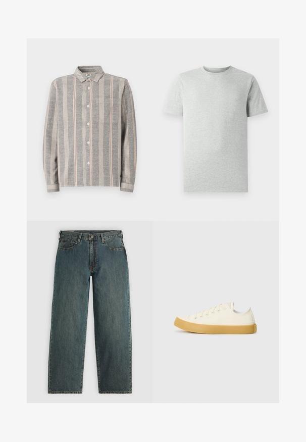 Harmaa pitkähihainen nappipaita, jossa on vaaleanharmaita ja vaaleanpunaisia pystyraitoja. Sisältää rintataskun ja pehmeän tekstuurin.; Yksinkertainen vaalea harmaa lyhythihainen t-paita, jossa pyöreä kaula-aukko, esitetty valkoista taustaa vasten, edestä katsottuna ilman näkyviä logoja tai kuvioita.; Tummansiniset suorat farkut, joissa on nappi- ja vetskarisuljenta, etutaskut ja vyölenkit vaaleansinisellä taustalla.; Kankava sneakers vaaleassa valkoisessa, pyöreällä varvalla, jossa on beiget kumipohjat ja viisi reikää nauhoille, teksturoitu pinta ylemmässä osassa.