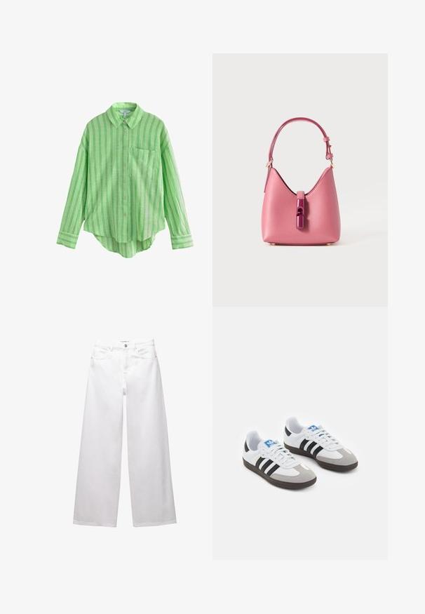 Grönrandig knapp-up skjorta med ficka, med en avslappnad passform, långa ärmar och en rundad nederkant. Tillverkad av lättviktsmaterial.; Vita vida byxor i jeansmaterial. Har knäppning i midjan, fram- och bakfickor samt stickade sömmar. Slät yta med minimala detaljer.; Sportskor med överdel i vit läder, grå mocka på tårna och tre svarta ränder. Har en blå logotyp på tungan och en texturerad gummisula.; Rosa läderhandväska med en strukturerad form, med en glänsande stängning och ett enda justerbart band. Texturerad yta med detaljer i guld.
