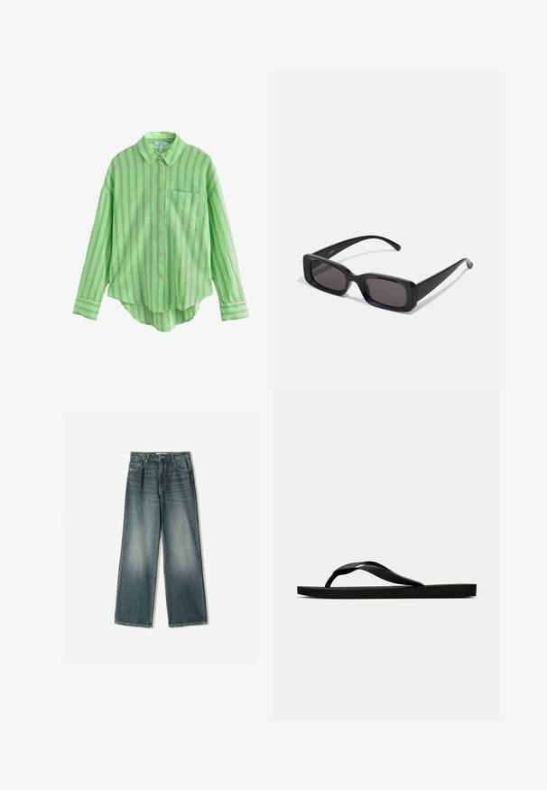 Zelena prugasta srajca s कायरीčko, ki ima sproščen kroj, dolge rokave in ukrivljen rob. Narejena iz lahkotnega materiala.; Široke jeans hlače v zbledelem modrem odtenku, z vami petimi žepi, gumbom za zapiranje in subtilnim whiskering detajlom na sprednji strani.; Črne gumijaste japonke s teksturirano thong naramnico in preprostim ravnim podplatom, prikazane s strani na enobarvni svetli podlagi.; Črne pravokotne sončna očala z temnimi lečami, sijajna površina, široka ročaja in masiven okvir. Vgravirano ime blagovne znamke na eni ročaji.