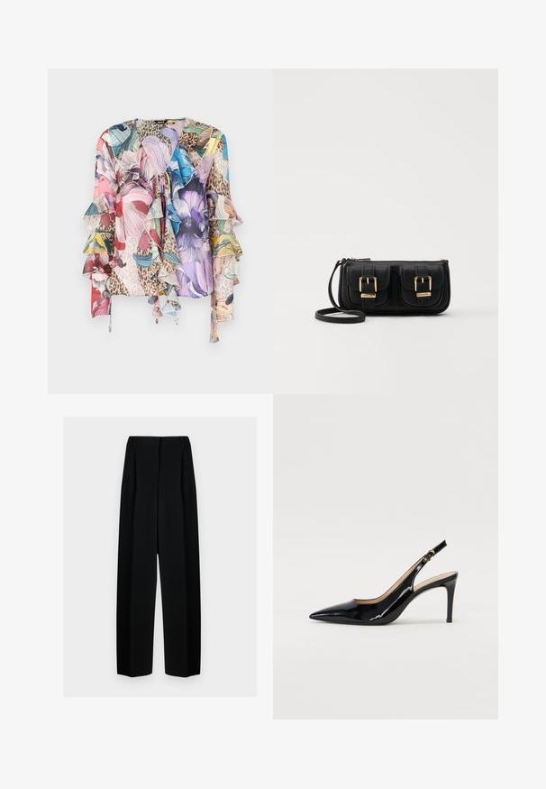 Blusa floreale multicolore con maniche arricciate, tessuto morbido, scollo a V e un mix di stampa animale, con vivaci tonalità di rosa, blu e verde.; Pantaloni neri a gamba larga con vita alta, dotati di pieghe e una texture liscia. Il tessuto sembra leggero e si drappeggia in modo elegante.; Pumps slingback in pelle verniciata nera con punta affilata, tacco sottile e un design con ritagli delicati. Caratterizzate da una fibbia dorata sul cinturino.; Borsa a tracolla nera in pelle con due tasche frontali, fibbie dorate, chiusura con zip e una tracolla sottile. Superficie texturizzata e forma rettangolare compatta.