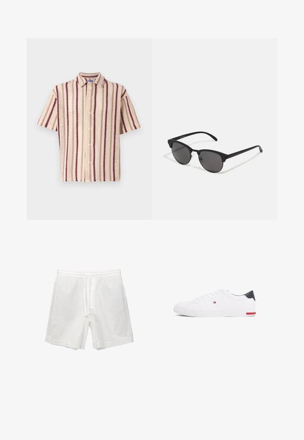 Rövid ujjú gombos ing bézs színben, burgundi és krém csíkokkal, texturált mintával és gallér részlettel.; Fehér pamut rövidnadrág, rugalmas derékkal és zsinórral, oldalsó zsebekkel és egyenes szabással, befejezett szegéllyel.; Fehér alacsony szárú sneaker sima bőrből. Tengerészkék sarokvédővel és piros díszítéssel a talpon. Hat fűzőlyuk a fűzők számára.; Fekete napszemüveg kerek lencsékkel, matt felülettel és jellegzetes macska szem formával. Vékony szárak, a bal oldali templomon diszkrét márkajelzéssel.
