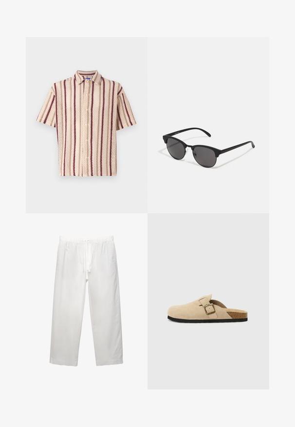 Rövid ujjú gombos ing bézs színben, burgundi és krém csíkokkal, texturált mintával és gallér részlettel.; Fehér vászon nadrág, amely rugalmas derékpánttal és húzózsinórral rendelkezik, széles szárú kialakítással és tiszta varrásokkal. Simogató textúra, laza illeszkedés.; Beige színű velúr klumpák, parafa talppal, kerek orral és egy egyszerű pánttal, amely arany színű csattal rendelkezik. A gumi talp jó tapadást biztosít.; Fekete napszemüveg kerek lencsékkel, matt felülettel és jellegzetes macska szem formával. Vékony szárak, a bal oldali templomon diszkrét márkajelzéssel.