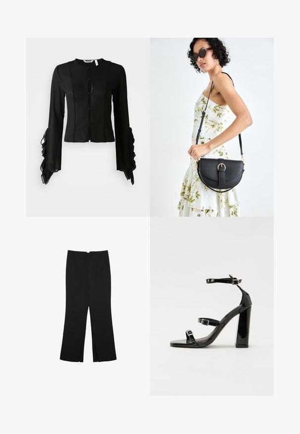 Crna bluzica od glatkog materijala, s visokim dekolteom, dugim rukavima i prednjim zatvaranjem na dugmad, sa nabranim detaljima na manžetama.; Crne hlače ravnog kroja, s prednjim džepovima i bočnim prorezima na rubu. Izrađene od mekog i glatkog materijala. Pogodne za razne prigode.; Crne lakirane sandale na pete sa kvadratnim nosom, trakama oko gležnja i srebrnim kopčama. Imaju čvrst blok petu za stabilnost.; Crna kožna torba s lukovitim oblikom, odvojivim remenom i zlatnim detaljima. Torba ima preklop s kopčom.
