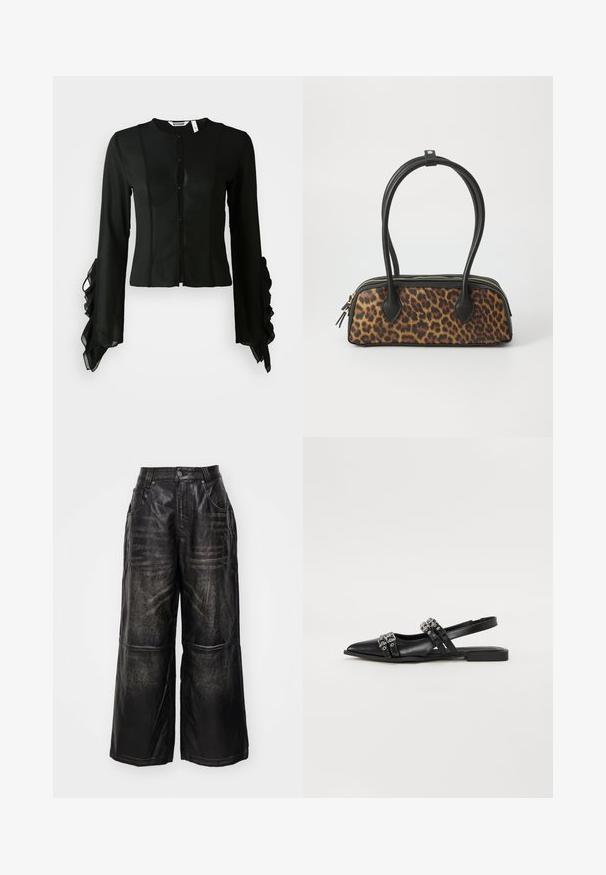 Juoda bluzonė, pagaminta iš lygaus audinio, su aukštu kaklu, mygtukų užsegimu šonyje ir ilgomis rankovėmis, kurių gaubteliai papuošti volanėlėmis.; Juodi plačios kojos odiniai kelnių, turintys šiek tiek blizgesio. Yra siuvinėti detalės ir priekinės kišenės, užsegamos mygtuku ir zipu.; Even&Odd Balerinos stiliaus laivutės - black; Leopardų rašto rankinė su juodu dirbtinės odos pagrindu, dviem viršutiniais rankenomis, auksine užtrauktuku ir akcentuotais juodais dirbtinės odos ženklais. Stačiakampio formos.