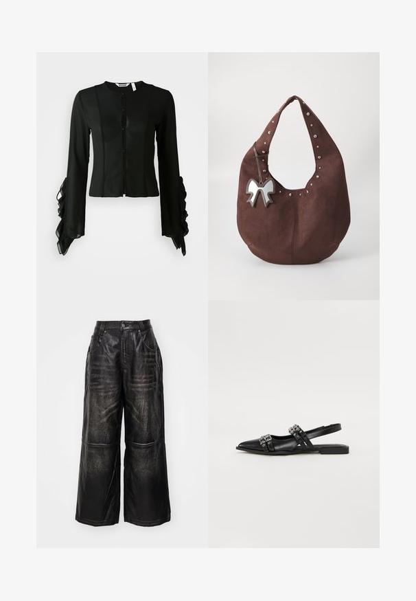 Čierna blúzka vyrobená z hladkej tkaniny, s vysokým golierom, predným zapínaním na gombíky a dlhými rukávmi s volánovými akcentami na manžetách.; Čierne široké nohavice vyrobené z kože s jemným leskom. Obsahujú prešívané detaily a predné vrecká, uzatvorené gombíkom a zipsom.; Even&Odd Balerínky - black; Hnedá semišová kabelka hobo s striebornými nitmi pozdĺž hornej hrany a kovovou mašľou pripevnenou na remeni. Široké otváranie a mäkká textúra.