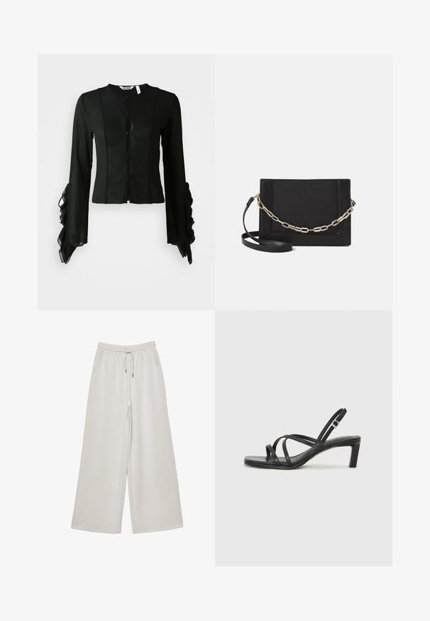 Blusa nera realizzata in tessuto liscio, con scollatura alta, chiusura a bottoni frontale e maniche lunghe con dettagli arricciati ai polsini.; Pantaloni ampi grigi chiari realizzati in morbido tessuto, con vita elasticizzata, cordino regolabile e tasche laterali. Tessuto dal tocco liscio.; Sandalo nero con cinturini, dalla punta squadrata e tacco basso a blocco. Presenta diversi cinturini sottili e una cinturini regolabile alla caviglia. Realizzato in pelle liscia.; Borsa a tracolla nera in pelle con una texture liscia, forma rettangolare e dettaglio in catena metallica sul davanti. Inclusa una tracolla regolabile.