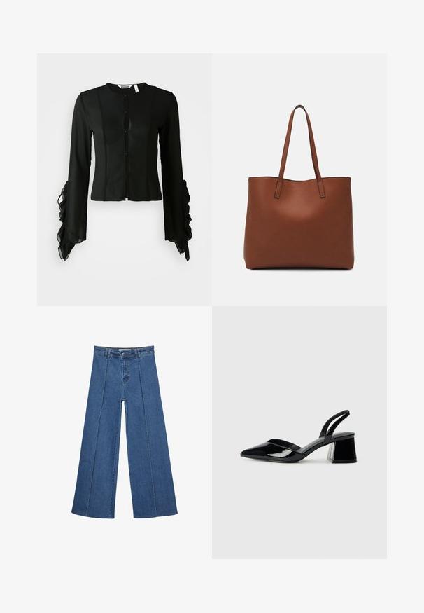 Crna bluzica od glatkog materijala, s visokim dekolteom, dugim rukavima i prednjim zatvaranjem na dugmad, sa nabranim detaljima na manžetama.; Široke traperice u srednje plavoj boji, s visokim strukom, zatvaranjem na dugme i kontrastnim vertikalnim šavovima duž prednje strane.; Crne lakirane kožne sandale s otvorenom petom i špicastim vrhom, s geometrijskom blok petom. Imaju elegantan, minimalistički dizajn i glatku teksturu.; Smeđa kožna torba preko ramena s glatkom teksturom, otvorenim vrhom i dvjema naramenicama. Ima minimalne šavove i nema vidljivog hardvera.