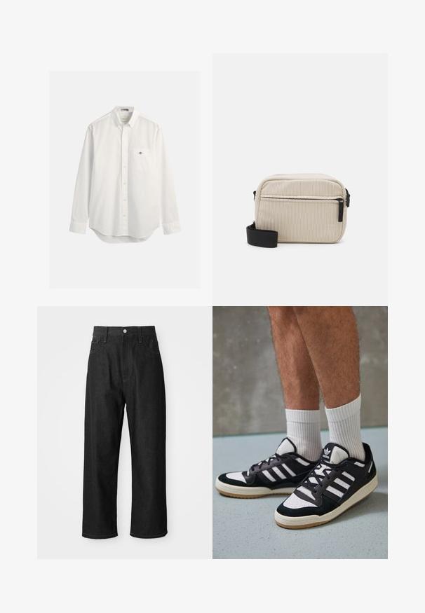 Weißes Hemd aus Baumwolle, mit einer Brusttasche und einem kleinen Logo. Lange Ärmel und ein leicht abgerundeter Saum.; Schwarze Jeanshose mit relaxtem Schnitt, hohem Bund, Reißverschluss und Fünf-Taschen-Design. Sichtbare Nähte setzen Akzente.; Schwarz-weiße Sneaker mit einem Obermaterial aus Wildleder und Leder, ausgestattet mit drei weißen Streifen, einer perforierten Zehenpartie und einer Sohle aus Gummi.; Cremfarbener Corduroy-Crossbody-Beutel mit einem schwarzen Reißverschluss, abnehmbarem Tragegurt und strukturiertem Muster. Verfügt über ein Hauptfach und eine Fronttasche.