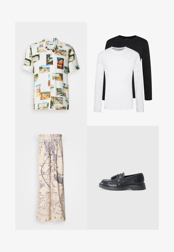 Rövidujjú fehér ing, trópusi tájképekkel díszítve, különböző színekben. Könnyű anyag, gombos elülső rész és laza szabás.; Két hosszúujjú ing, egy fekete és egy fehér, pamutból készült, kerek nyakkivágással és sima textúrával, egymásra rakva bemutatva.; Bőszárú nadrág, tengerészkék térképmintával egy bézs háttéren, redőzött részletekkel a derékrészen és lazább szabással.; Fekete bőr loaferek, lekerekített orral, bojtokkal díszített pánttal és vastag talppal, amelynek a felülete mintázott. Sima textúra és klasszikus dizájn.