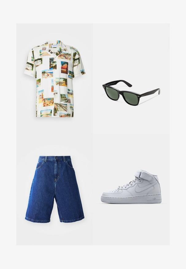 Bela kratka srajca s kolažem tropskih prizorov v različnih barvah. Lahkoten material, zapenjanje spredaj, sproščen kroj.; Denim kratke hlače z modrim pranjem, z visokim pasom, dvema sprednjima žepoma in rumenim šivom ob šivih.; Visoke sive Nike Air Force 1 teniske z usnjem zgoraj, podloženim ovratnikom in z ježkom. Ikonična zasnova vključuje perforirano cono za prste.; Črne plastične sončna očala z zelenimi lečami, kvadratni okvirji, srebrni detajl na obrvi in teksturirani ročaji. Blagovna znamka navedena na notranji strani ročaja.