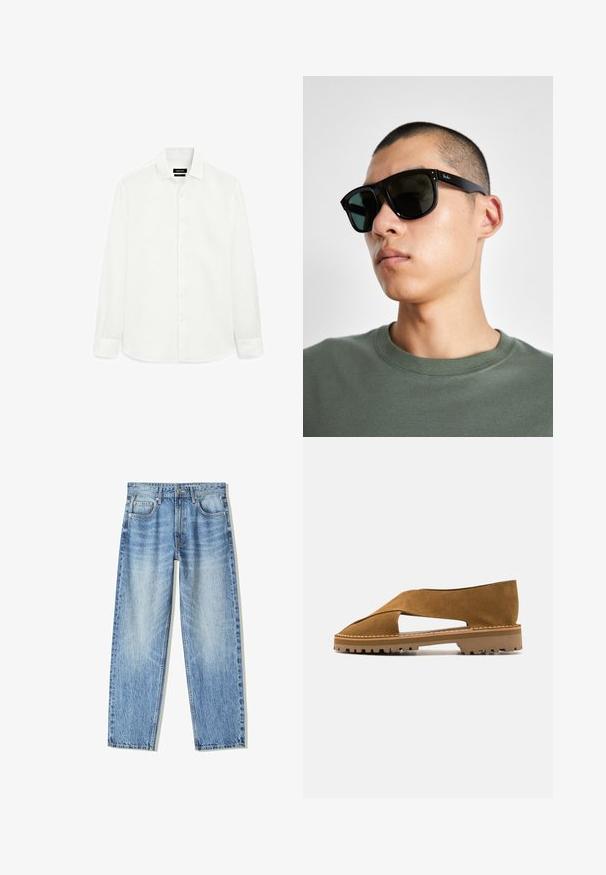 Biała koszula z długim rękawem, wykonana z miękkiego materiału, z klasycznym kołnierzykiem, zapięciem na guziki z przodu i prostym dołem. Bez wzorów ani akcentów.; Jasnoniebieskie dżinsy o luźnym kroju, prostych nogawkach, pięcioma kieszeniami i wyblakłej fakturze. Zawierają zamek błyskawiczny i zapięcie na guziki z przodu.; Brązowe zamszowe mokasyny z wycięciami, masywną gumową podeszwą i widocznym ściegiem wzdłuż krawędzi. Teksturowana powierzchnia.; Czarne prostokątne okulary przeciwsłoneczne z ciemnymi szkłami, o charakterystycznym kształcie i logo na zauszniku. Noszone przez osobę w zielonej koszuli.