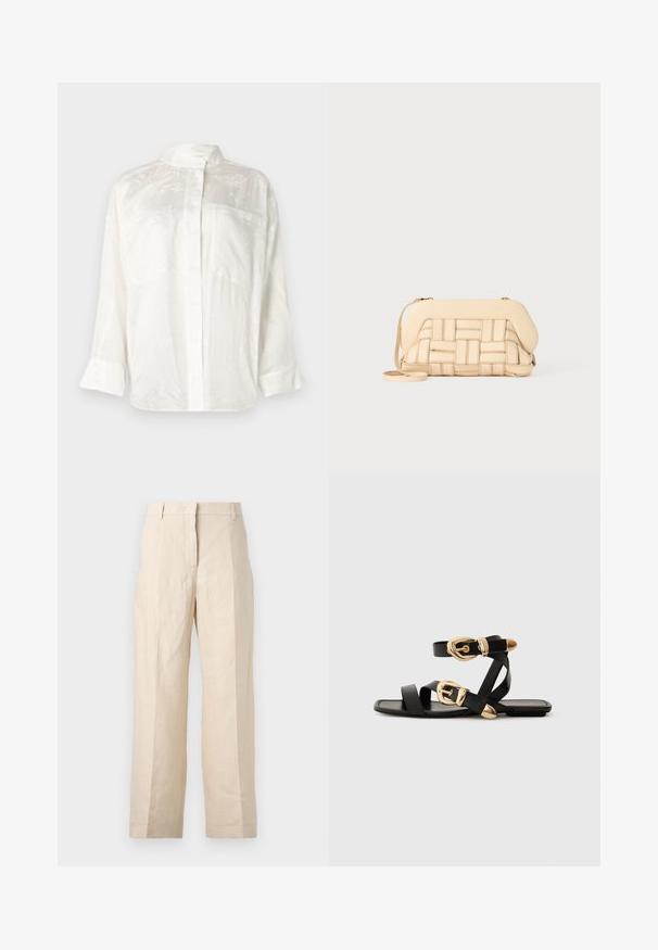 Cămașă albă cu nasturi, cu un finisaj texturat și o ușoară strălucire, având guler mandarin și mâneci lungi cu manșete rulate.; Pantaloni din in bej cu croială lejeră, cu față pliată și picioare drepte. Prezintă un brâu cu bucle pentru curea și fără buzunare vizibile.; Sandale din piele neagră cu accente aurii pe catarame, având mai multe curele și un design cu talpă plată pentru purtare cu degetele la vedere.; Geantă bej țesută cu un design structurat, având un capac neted și o curea lungă. Detaliile texturate îmbunătățesc aspectul general.