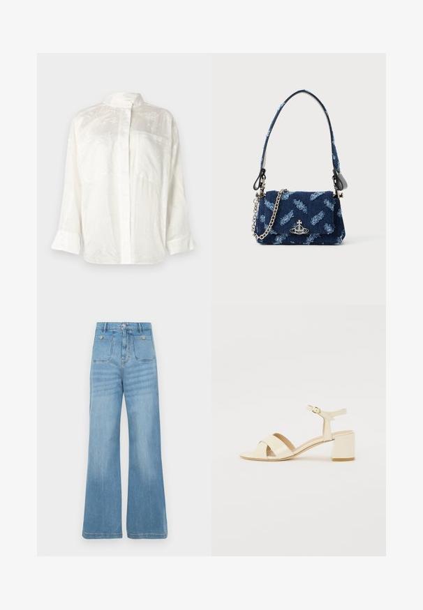 Witte overhemd met knoopsluiting, voorzien van een gestructureerde afwerking en een lichte glans. Het heeft een mandarin kraag en lange mouwen met opgerolde manchetten.; Lichtblauwe denim jeans met een wijd pootontwerp, voorzien van twee voorkruipzakken en twee achterzakken, afgewerkt met een ruwe zoom en knoopsluiting.; Beige gepolijst lederen sandalen met hakken, voorzien van een kruisbandontwerp, open teen, verstelbare enkelband en een blokhak. Gladde textuur.; Marineblauwe stoffen handtas met een textuurdesign, zilveren hardware en een afneembare kettingband. Voorzien van een klep sluiting en een logoaccent.