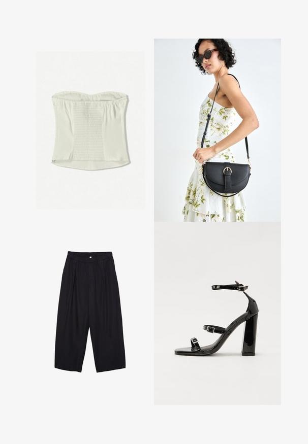 Top bianco senza spalline con texture arricciata al centro, bordi lisci e cerniera laterale nascosta. Tessuto morbido, silhouette aderente.; Pantaloni culotte neri in poliestere con una cintura elastica, due pieghe frontali e una silhouette ampia. Nessun motivo visibile o dettagli in metallo.; Sandali con tacco in vernice nera, con punta squadrata, cinturini alla caviglia e fibbie in argento. Presentano un tacco a blocco spesso per maggiore stabilità.; Borsa a tracolla nera in pelle con una forma curva, manico rimovibile e accessori dorati. La borsa presenta una patta con un dettaglio a fibbia.
