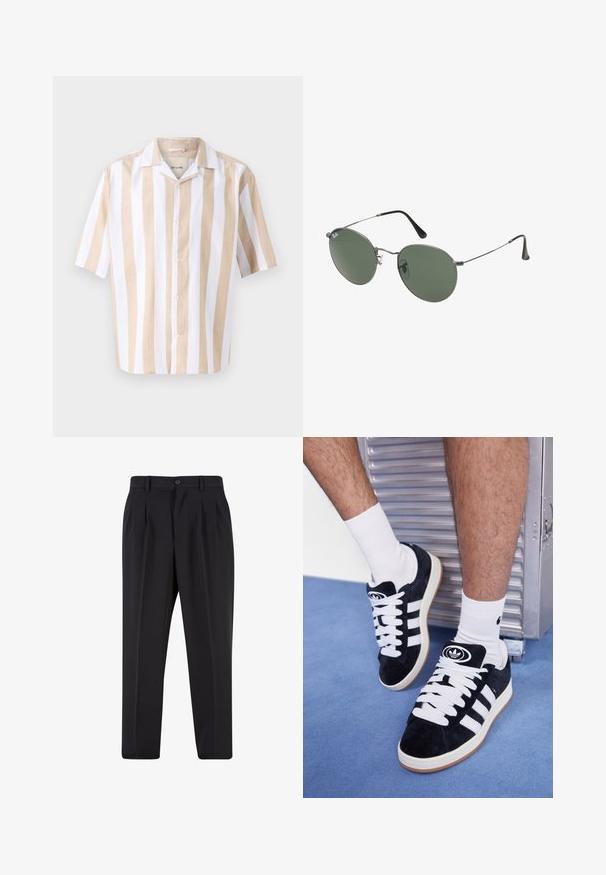 Chemise à manches courtes avec boutons en beige clair et rayures verticales blanches. Fabriquée en tissu léger, elle présente un col camp et des boutons.; T-shirt en coton blanc à manches courtes, col rond et coupe décontractée. Texture lisse sans motifs ou accents visibles.; Pantalons noirs avec un design de devant plissé, fabriqués à partir d'un tissu lisse. Comprend une fermeture par bouton et des passants de ceinture ; coupe droite.; Baskets en suede noir avec des lacets blancs et trois rayures blanches. Présente un logo circulaire noir sur la languette et une semelle en caoutchouc beige.; Lunettes de soleil en métal avec des verres ovales verts. Monture en métal argenté mince et embouts d'oreille noirs. Design minimaliste, sans logos visibles.