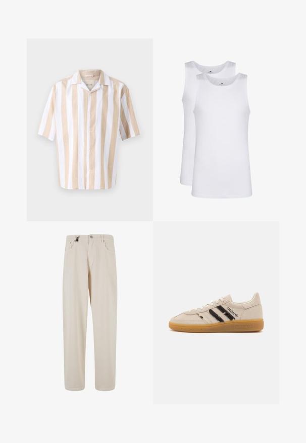 Camisa de botones de manga corta en rayas verticales de color beige claro y blanco. Confeccionada en tejido ligero, presenta un cuello de tipo camp y botones.; Camisetas sin mangas de algodón blanco, diseño sin mangas, cuello redondo, textura lisa, con un tejido suave y ligero. Se presentan dos piezas.; Pantalones de algodón beige con un diseño de pierna recta, que cuentan con bolsillos frontales y un cierre de botón. Textura suave con un detalle minimal.; Zapatillas de ante beige con rayas negras y texto "Spezial", presentan una suela de goma texturizada y un diseño clásico de cordones.