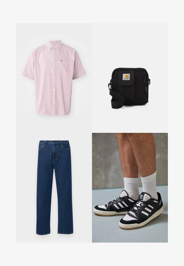 Short-sleeve button-up shirt made of cotton, featuring red and white vertical stripes, a chest pocket, and brand logo on the pocket.; Dark blue straight-leg denim jeans with front pockets and a button closure, displayed on a plain white background.; Black and white sneakers with a suede and leather upper, featuring three white stripes, a perforated toe, and a gum rubber sole.; Black crossbody bag with a zippered main compartment, front pocket, adjustable strap, and a visible logo patch on the flap.