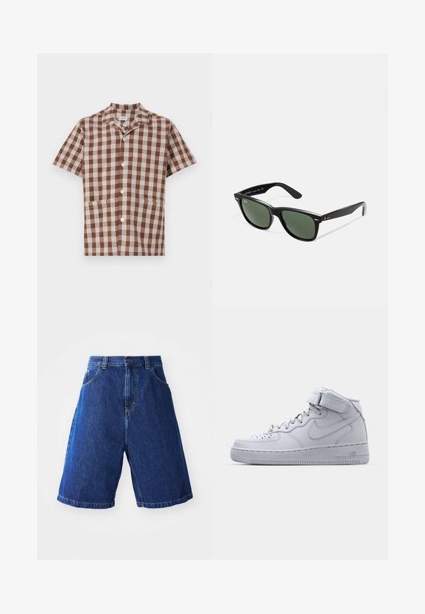Brązowa i beżowa kratkowana koszula z krótkim rękawem, z kołnierzykiem, zapinana na guziki, z dwiema przednimi kieszeniami. Gładki bawełniany materiał.; Dżinsowe szorty o niebieskim odcieniu, z wysokim stanem, dwiema przednimi kieszeniami i żółtymi szwami wzdłuż krawędzi.; Szare wysokie sneakersy Nike Air Force 1 z skórzaną cholewką, wyściełanym kołnierzem i paskiem na rzep. Ikonowy design z perforowanym noskiem.; Czarne plastikowe okulary przeciwsłoneczne z zielonymi szkłami, kwadratowe oprawki, srebrny akcent na brwi oraz fakturowane ramiona temple. Nazwa marki podana na wewnętrznej stronie ramion.