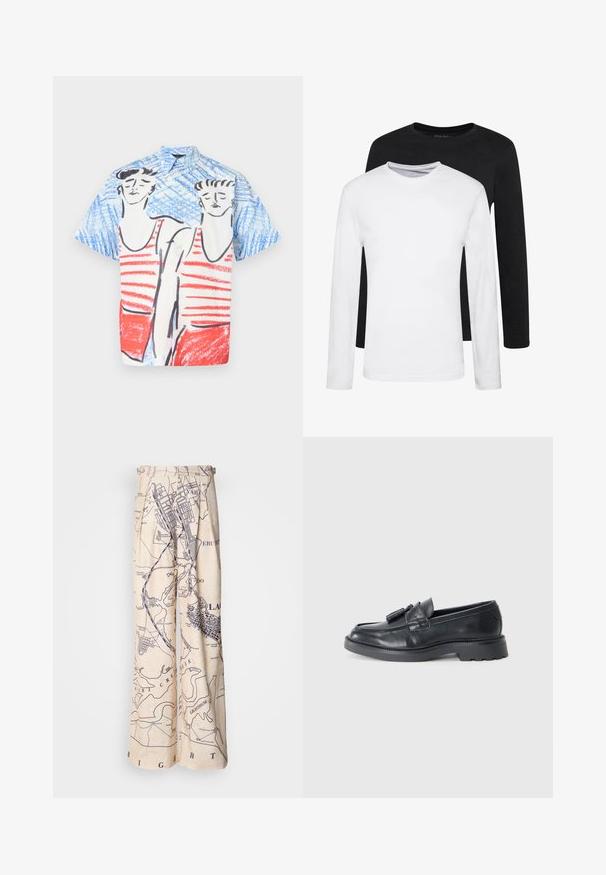 Košulja s kratkim rukavima s plavom pozadinom i crvenim i bijelim prugastim uzorkom, ilustriranim likovima i opuštenim krojem.; Dva majice dugih rukava, jedna crna i jedna bijela, izrađene od pamuka s okruglim izrezom i glatkom teksturom, prikazane u složenom aranžmanu.; Hlače širokih nogavica s printom karte u tamnoplavoj boji na bež pozadini, s naborima u struku i opuštenim krojem.; Crne kožne loferice s okruglim vrhom, trakicom s resicama i masivnim potplatom s uzorkom. Glatka tekstura i klasični dizajn.