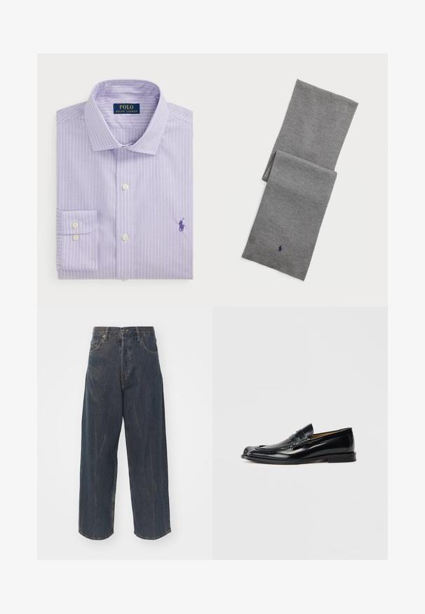 Camisa de vestir lilás claro com riscas verticais brancas, colarinho abotinado, bolso no peito e logótipo bordado em púrpura escuro.; Calças de ganga largas de cor azul escuro com uma textura de desgaste subtil, cinco bolsos e um fecho clássico de botão e zíper na cintura.; Mocassins de couro preto com um acabamento suave, bico arredondado, costura decorativa e um salto baixo empilhado. Sem marcas visíveis.; Polo Ralph Lauren SIGNATURE PONY WOOL SCARF - Cachecol - fawn grey heather; Relógio retangular Casio com mostrador branco, detalhes em ouro, numerais romanos e uma bracelete de couro castanho com padrão de crocodilo. Design à prova d'água.