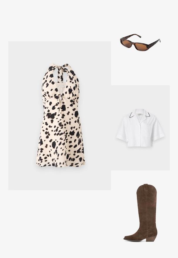 Camicia bianca cropped con maniche corte, chiusura a bottoni, taschino sul petto e piping nero lungo il colletto. Realizzata in tessuto leggero e traspirante.; Abito halterneck in beige chiaro con motivo a pois neri; presenta un cordoncino in vita per una vestibilità regolabile.; Stivali al ginocchio in suede marrone con punta appuntita, tacco angolato e cima arrotondata. Presentano un dettaglio di cucitura sul lato e una texture sottile.; Occhiali da sole tartarugati marroni con lenti rettangolari, profilo snello e bracci curvi. Le lenti hanno una tinta marrone, la montatura è in plastica.