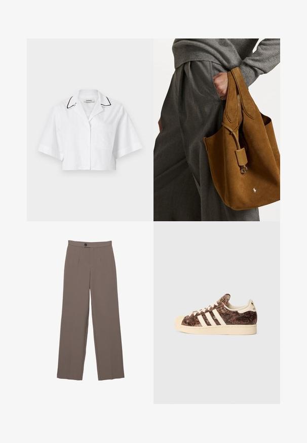 Camicia bianca cropped con maniche corte, chiusura a bottoni, taschino sul petto e piping nero lungo il colletto. Realizzata in tessuto leggero e traspirante.; Pantaloni a gamba larga marroni con una texture liscia, dotati di pieghe frontali, chiusura con bottone e design sartoriale.; Sneaker marrone con stampa serpente, dettagli bianchi e accenti crema. Presenta una punta arrotondata, una parte superiore testurizzata e una morbida fodera interna.; Borsa a tracolla in suede marrone con forma arrotondata, doppi manici e un accento in metallo. Presenta un piccolo logo sul davanti.